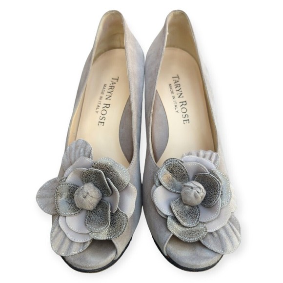 Taryn Rose Shoes - Taryn Rose Gray Flower Suede Pumps Peep Toe Chunky Heel Leather Rose Heels 37